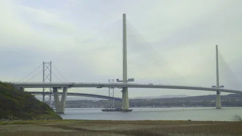 Queensferry Crossing 15 - medium close up pan right Stock Footage 83117277