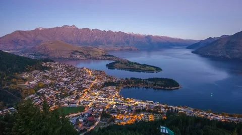 Queenstown & Lake Waktipu Sunset From Gondola Hills. Zoom In Stock Footage