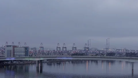 Queensway Bridge lighting up, Long Beach, California, AERIAL PARALLAX Stock Footage 100097164