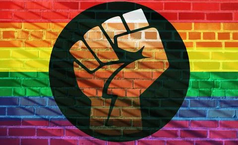 Queer People of Colour Flag projected on a sunny brick wall background Stock Illustration