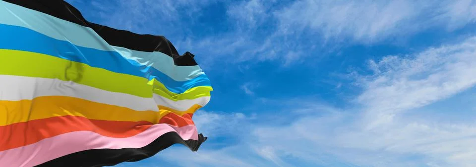 Queer pride flag waving in the wind at cloudy sky. Freedom and love concept.  Stock Illustration