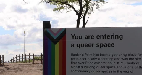 Queer space sign at Hanlan's Point beach, Toronto, LGBTQ+ inclusive zone Stock Footage 320017543