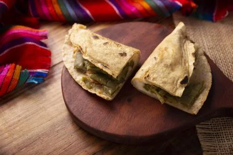Quesadilla de Comal con queso y Nopales. Typical Mexican quesadilla made on a Stock Photos