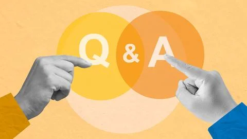 Question and answer concept. Two hands, one pointing at a circle with "Q" a.. Stock Photos