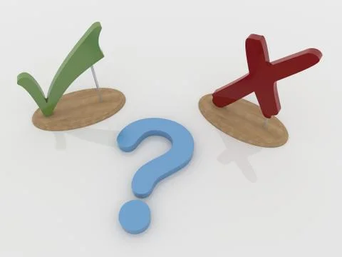 Question and Check Mark Sign and Cross Symbol with Wooden Support Stock Illustration