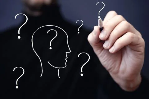 Question and head. Decision, brain, mind concept background. Psychology Foto stock