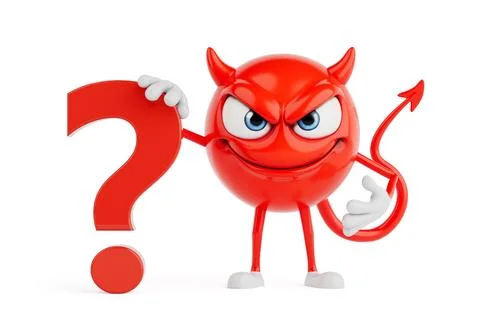 Question And Uncertainty Concept. Red Evil Cartoon Character Holding Large .. Illustrazione stock