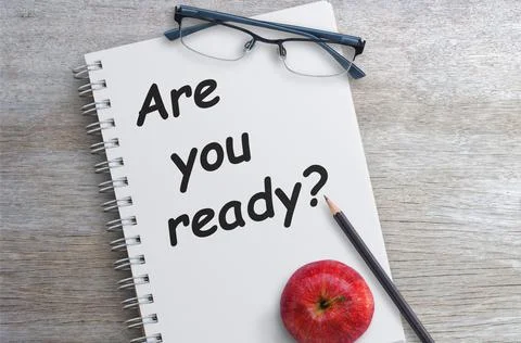 Question Are you ready on notebook page with pencil and red apples on wooden  Stock Photos