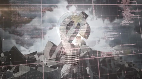 Question-bulb materializing, activating red grid and code streams, pulsing light Stock Footage 312099727