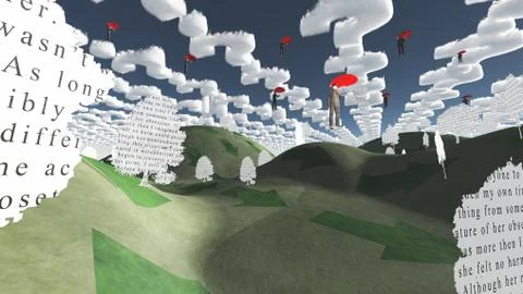 Question clouds over surrreal landscape Illustrazione stock