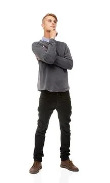Question, doubt and thinking with man, ideas and problem solving isolated on a Stock Photos