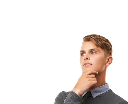 Question, doubt and thinking with man, confused and problem solving isolated on Stock Photos