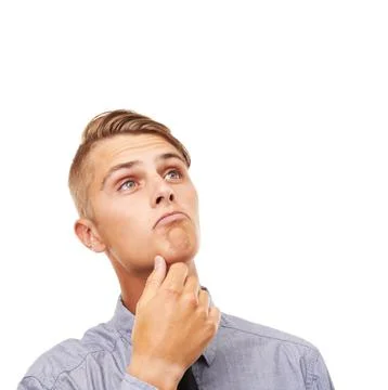Question, doubt and thinking with man, problem solving and opportunity isolated 스톡 사진