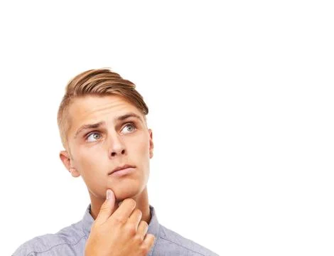 Question, doubt and thinking with man, decision and problem solving isolated on 스톡 사진