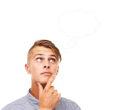 Question, doubt and thinking with man, inspiration and problem solving isolated Stock Photos