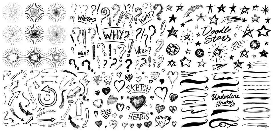 Question exclamation mark, underline and hearts, Star and Marker Brush, artistic Stock Illustration