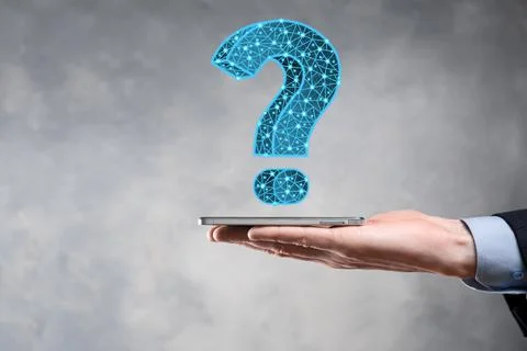 Question mark. 3d abstract on dark background with dots and stars. Ask symbol Stock Photos