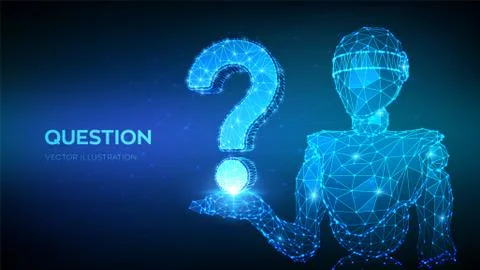 Question mark. Abstract 3d low polygonal robot holding Question sign. Ask sym Illustrazione stock