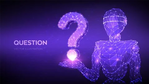 Question mark. Abstract 3d low polygonal robot holding Question sign. Ask sym Illustrazione stock