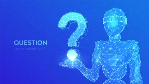 Question mark. Abstract 3d low polygonal robot holding Question sign. Ask sym Illustrazione stock