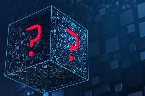 Question mark on an abstract hi-tech cube. The concept of solving the issue. FAQ Foto stock