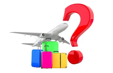 Question mark and airplane with suitcases. Fly Travel concept. 3D rendering Stock Illustration