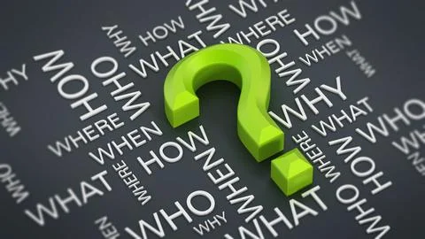 Question mark and question words on gray surface. 3D illustration Stock Illustration