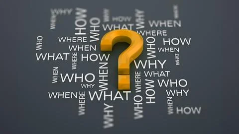 Question mark and question words on gray surface. 3D illustration Stock Illustration