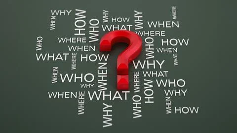Question mark and question words on gray surface. 3D illustration Stock Illustration