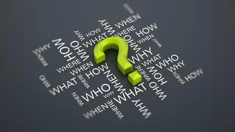 Question mark and question words on gray surface. 3D illustration Stock Illustration