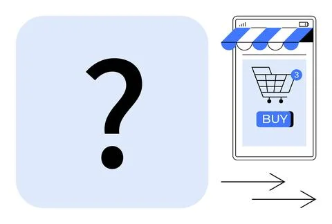 A question mark on a blue background with a smartphone displaying a shopping  Stock Illustration