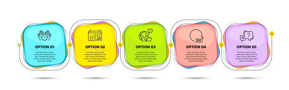 Question mark, Calendar graph and Safe time icons set. 360 degrees sign. Quiz Illustrazione stock