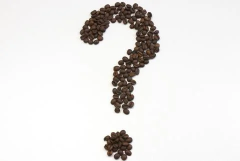 Question mark of coffee beans close up isolated on white . copy space. coffee Stock Photos