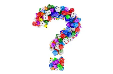 Question mark from colored roleplaying dice. 3D rendering Stockillustratie