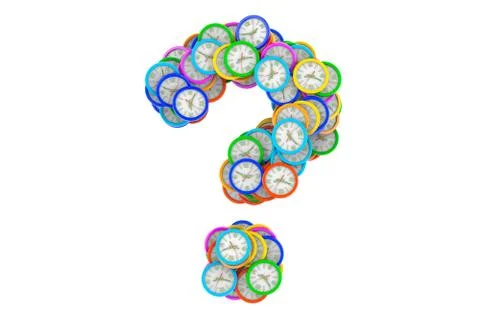 Question mark from colored wall clocks, 3D rendering Stock Illustration
