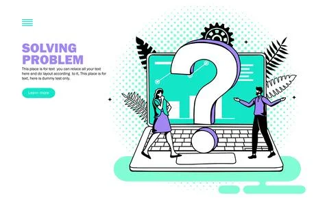 Question mark on computer, Team looking for software solution vector Ilustração Stock