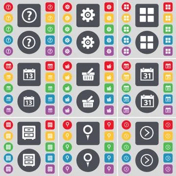 Question mark, Gear, Apps, Calendar, Basket, Calendar, Bed-table, Checkpoint, Ar Ilustración de archivo