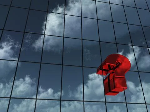 Question mark on glass building with reflection of clouds - 3d rendering Ilustración de archivo