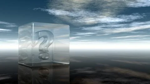 Question mark in glass cube under cloudy sky - 3d rendering Stock Illustration