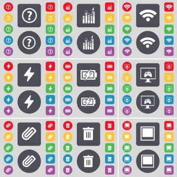 Question mark, Graph, Wi-Fi, Flash, Charging, Monitor, Clip, Trash can, Window i Stockillustratie
