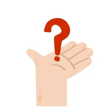 Question mark in hand. Advice and help. Solution to problem. Human palm. Illustrazione stock