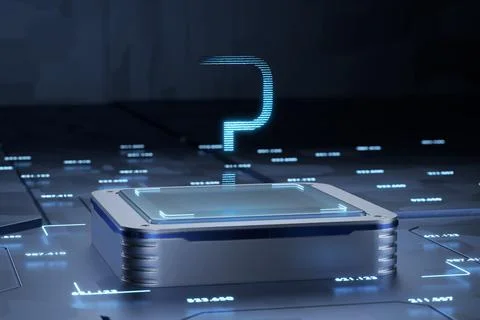 Question mark on a holographic display. FAQ concept. 3d render. Illustrazione stock