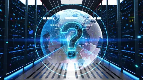 Question Mark Icon Moving Through Rack Servers in Data Center. 스톡 동영상 219076404