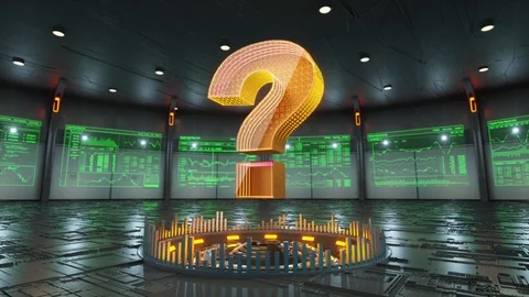 Question mark icon surrounded by screens appears in the middle of hi-tech room Stock Footage 86874410