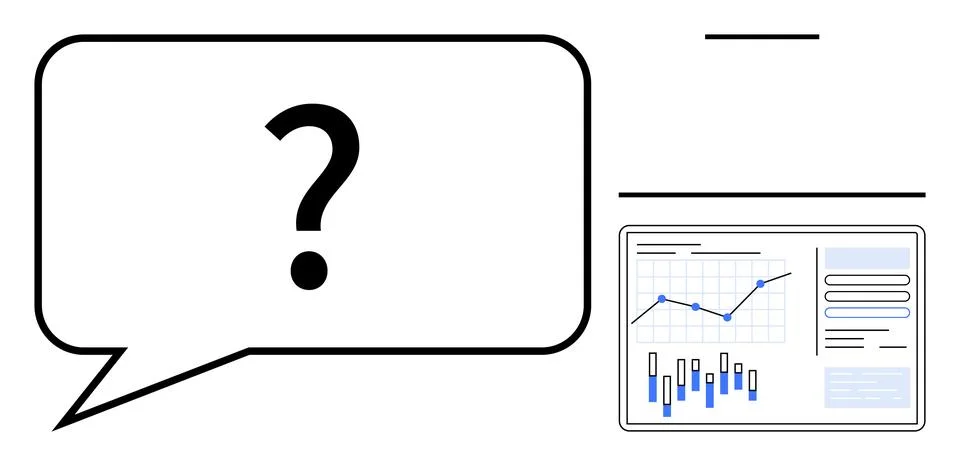Question mark inside a speech bubble adjacent to data analytics chart with gr Stock Illustration