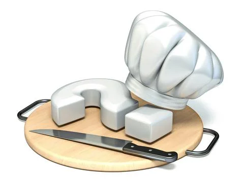 Question mark, kitchen board, chef s hat and knife 3D Question mark, kitch... Stock Photos