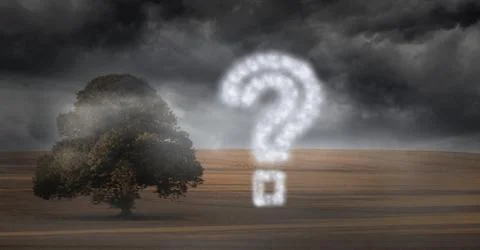 Question mark made of cloud texture by tree against storm clouds Stock Illustration