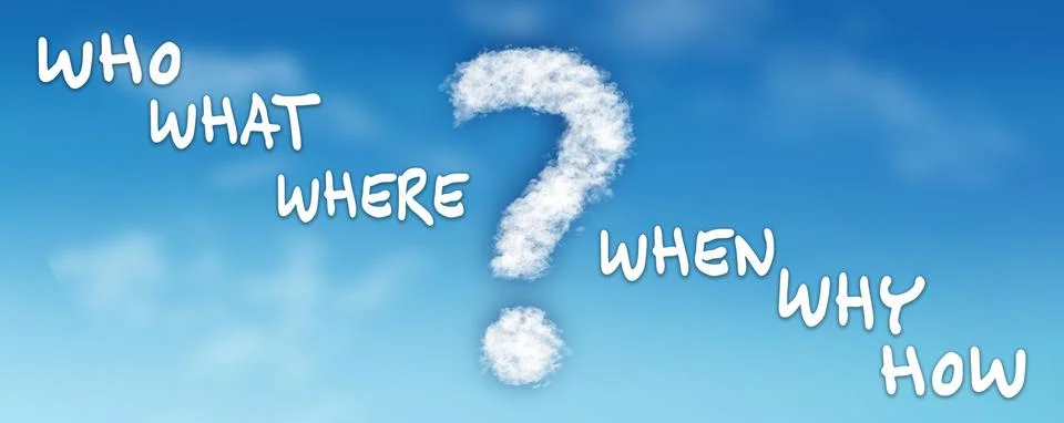 Question mark made of clouds whit question -Who What Where When Why How- Stock Illustration