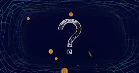 Question mark with maze pattern and bitcoins over dark blue digital network Stock Footage 307661932