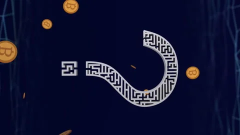 Question mark with maze pattern and bitcoins over dark blue digital network Video stock 312609832
